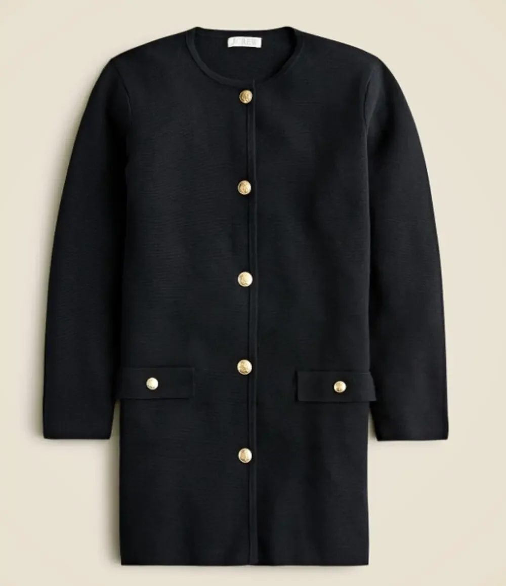J Crew Long Giselle Sweater Blazer Black Gold Button Medium 100% Cotton
